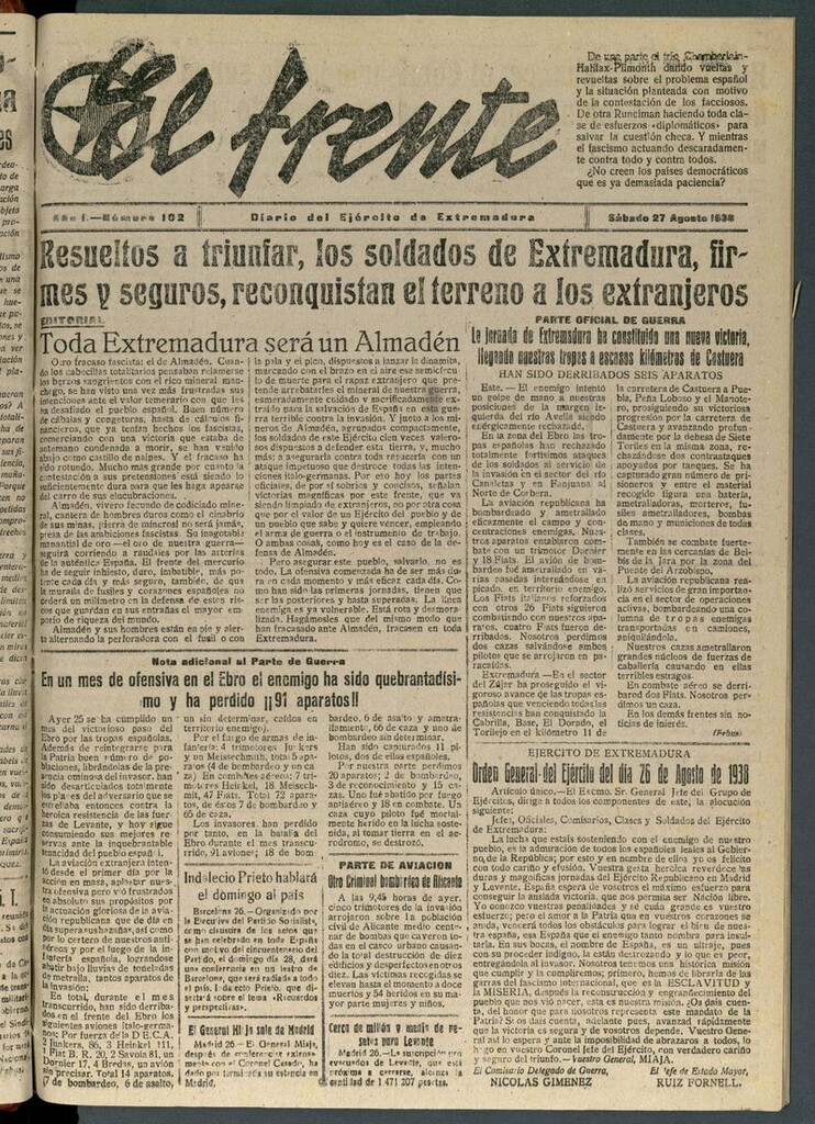 Miniatura de El Frente: diario del Ejército de Extremadura del 27 de agosto de 1938
