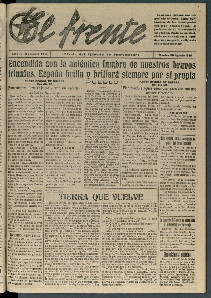 Miniatura de El Frente: diario del Ejército de Extremadura del 30 de agosto de 1938