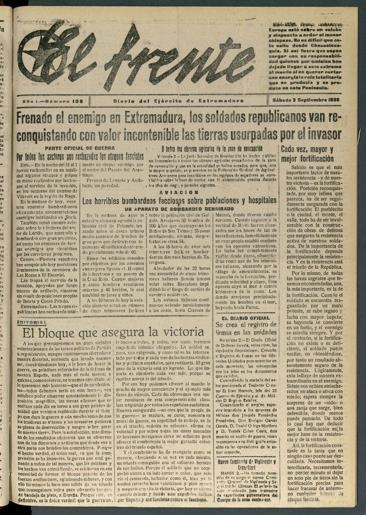 Miniatura de El Frente: diario del Ejército de Extremadura del 3 de septiembre de 1938