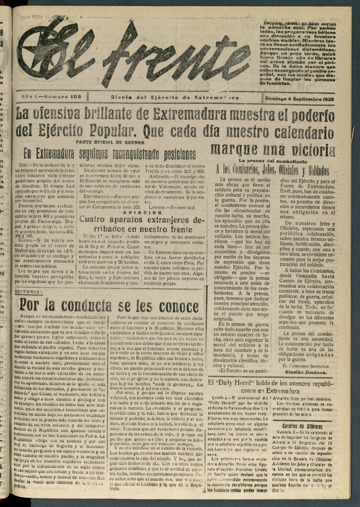 Miniatura de El Frente: diario del Ejército de Extremadura del 4 de septiembre de 1938