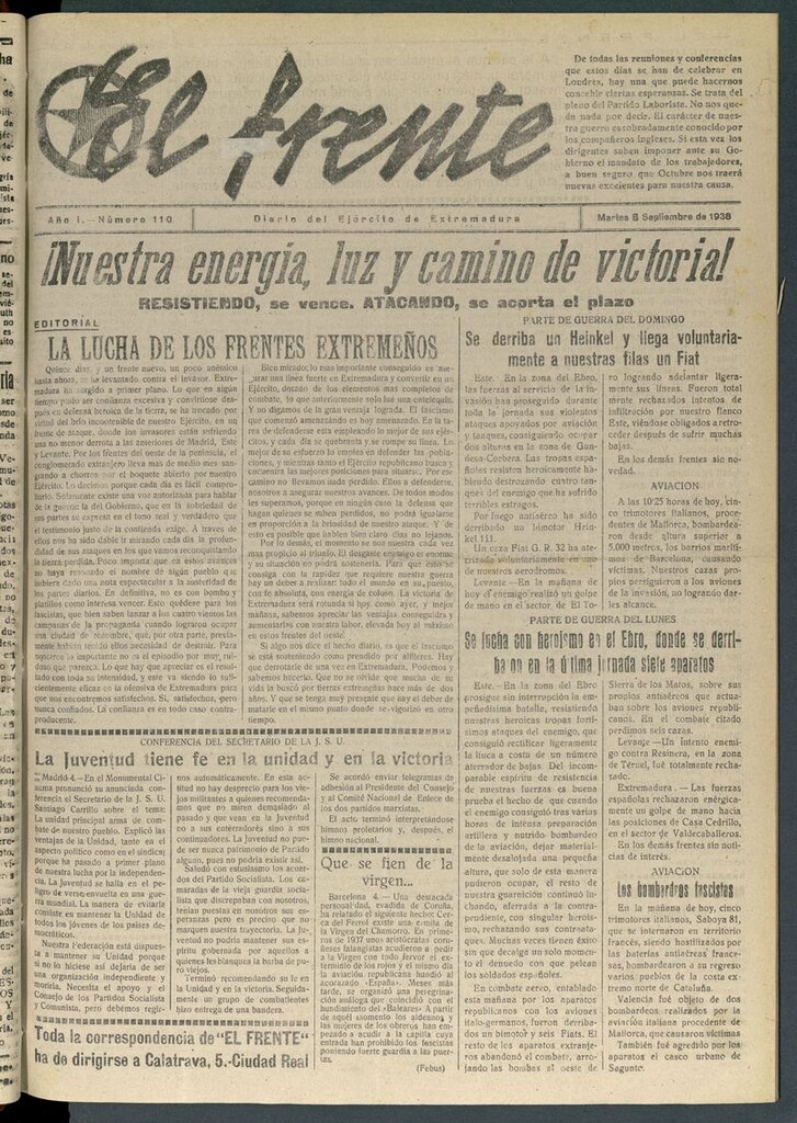 Miniatura de El Frente: diario del Ejército de Extremadura del 6 de septiembre de 1938