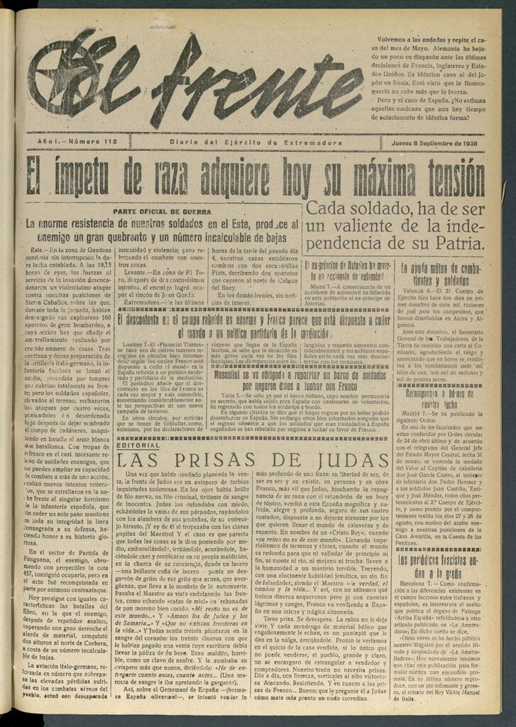 Miniatura de El Frente: diario del Ejército de Extremadura del 8 de septiembre de 1938