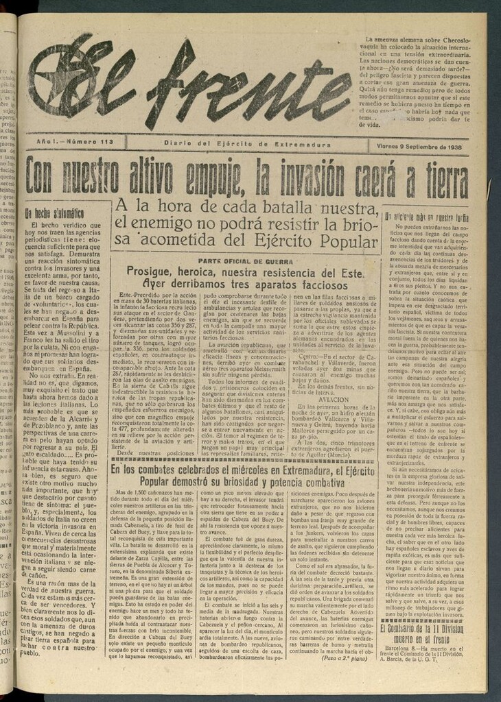 Miniatura de El Frente: diario del Ejército de Extremadura del 9 de septiembre de 1938