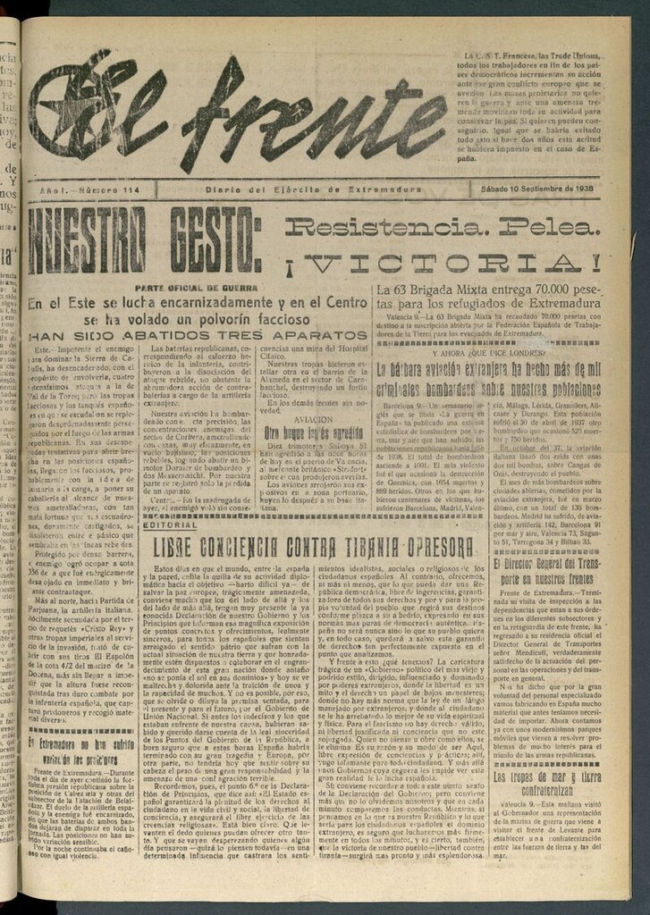 Miniatura de El Frente: diario del Ejército de Extremadura del 10 de septiembre de 1938