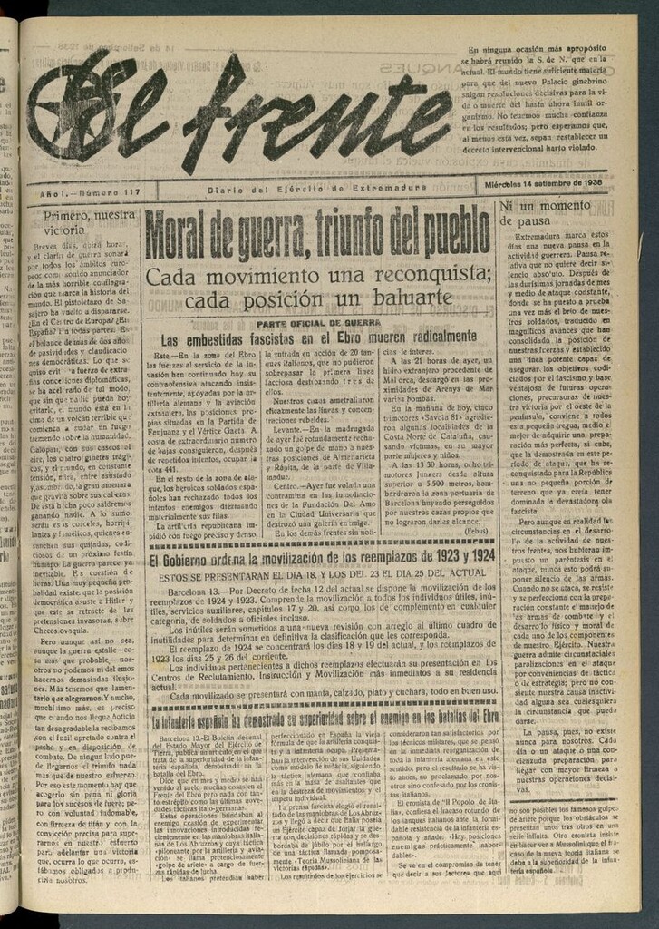 Miniatura de El Frente: diario del Ejército de Extremadura del 14 de septiembre de 1938