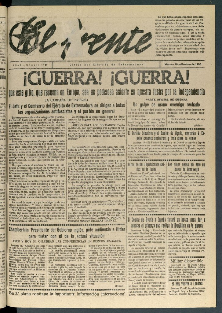 Miniatura de El Frente: diario del Ejército de Extremadura del 16 de septiembre de 1938