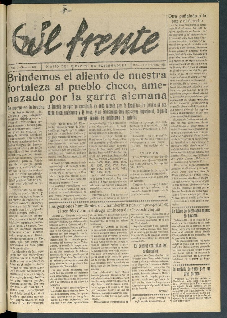 Miniatura de El Frente: diario del Ejército de Extremadura del 21 de septiembre de 1938