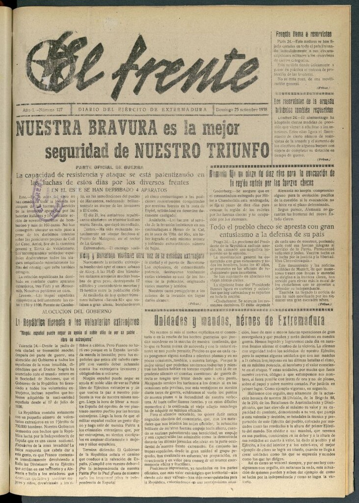 Miniatura de El Frente: diario del Ejército de Extremadura del 25 de septiembre de 1938