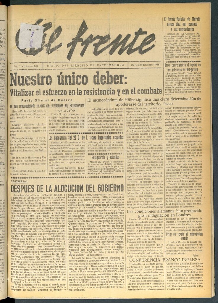 Miniatura de El Frente: diario del Ejército de Extremadura del 27 de septiembre de 1938