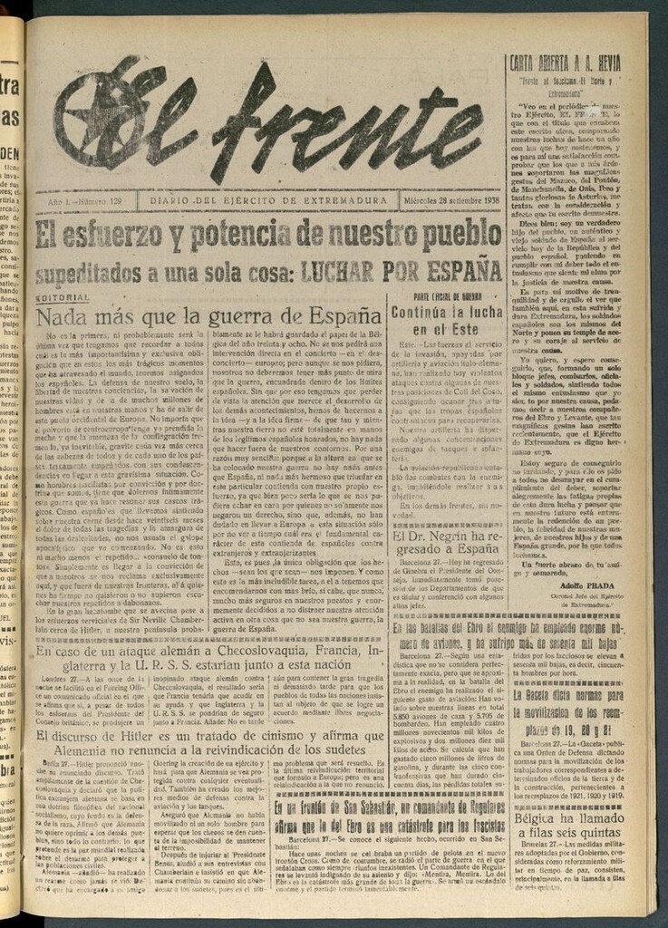 Miniatura de El Frente: diario del Ejército de Extremadura del 28 de septiembre de 1938