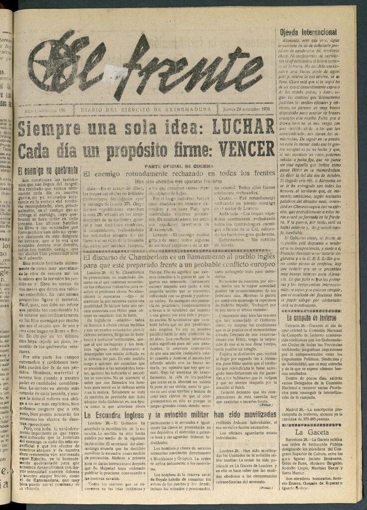 Miniatura de El Frente: diario del Ejército de Extremadura del 29 de septiembre de 1938