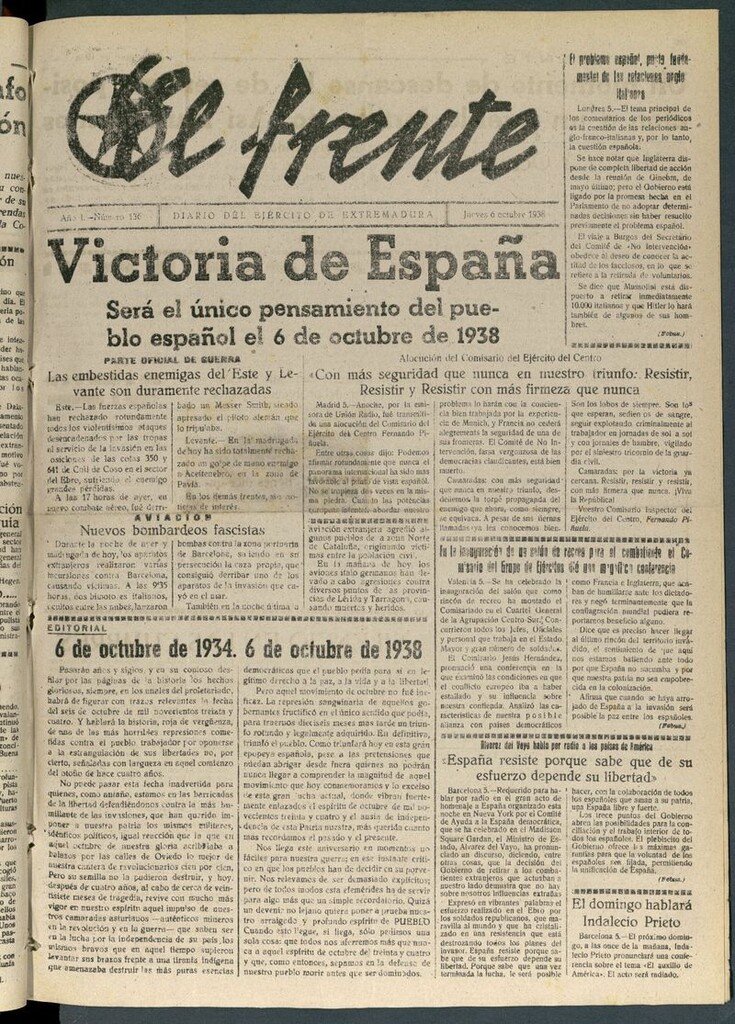 Miniatura de El Frente: diario del Ejército de Extremadura del 6 de octubre de 1938