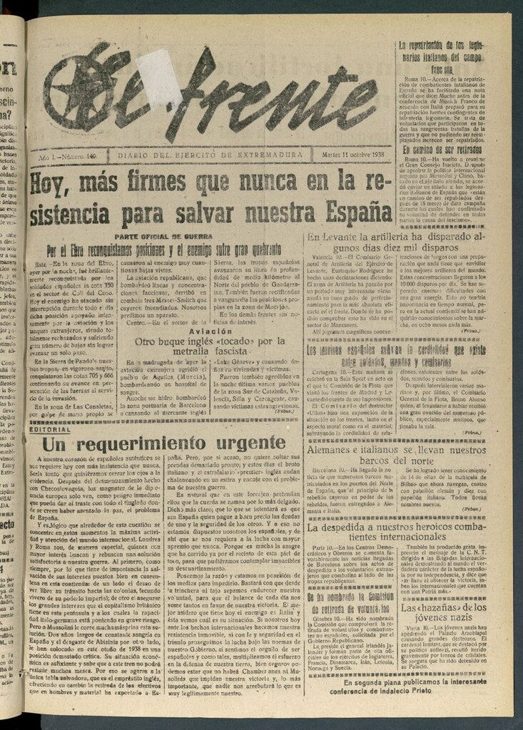 Miniatura de El Frente: diario del Ejército de Extremadura del 11 de octubre de 1938