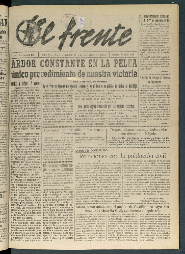 Miniatura de El Frente: diario del Ejército de Extremadura del 14 de octubre de 1938