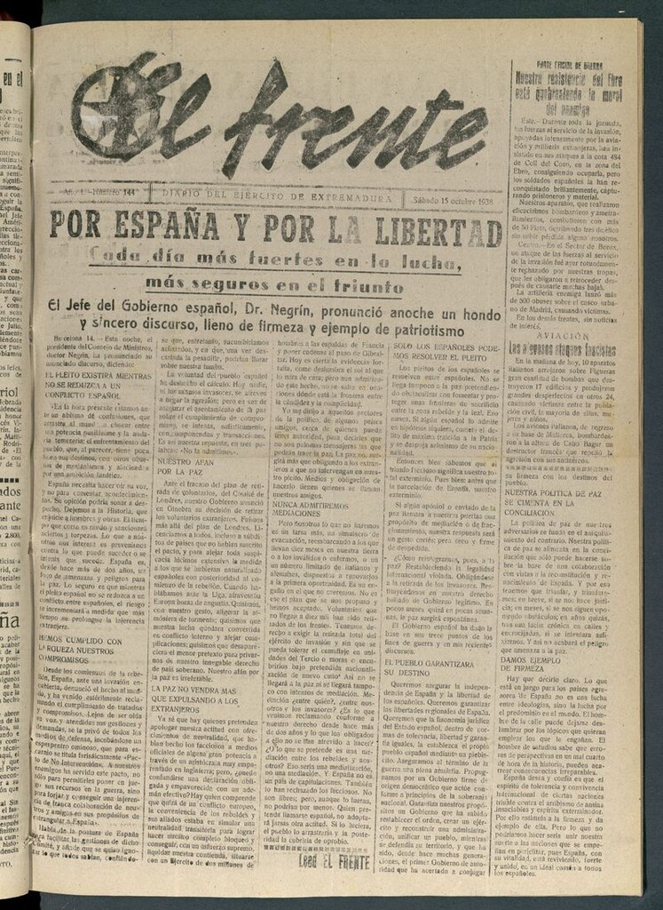 Miniatura de El Frente: diario del Ejército de Extremadura del 15 de octubre de 1938
