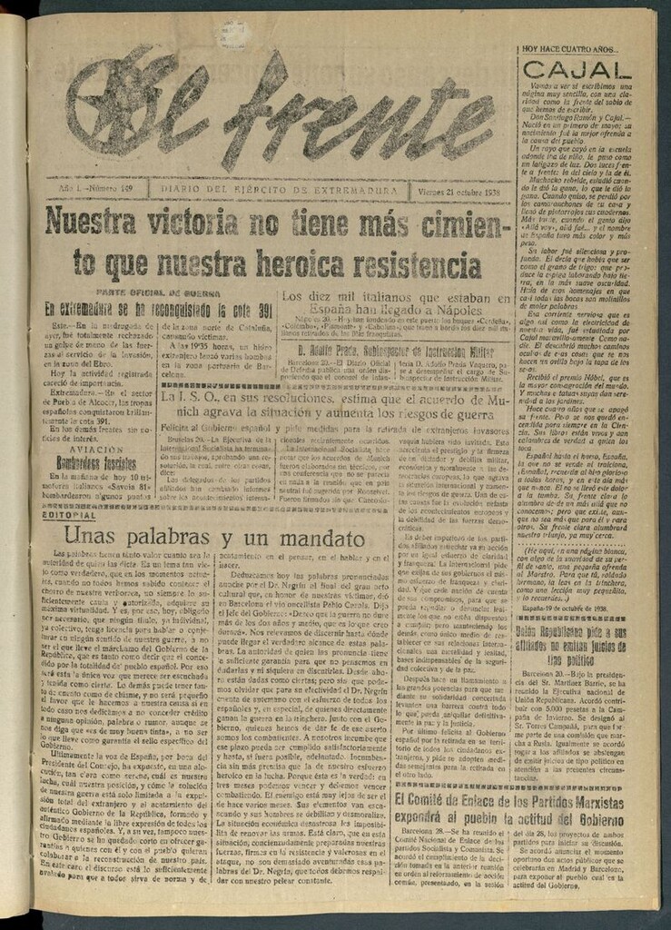 Miniatura de El Frente: diario del Ejército de Extremadura del 21 de octubre de 1938