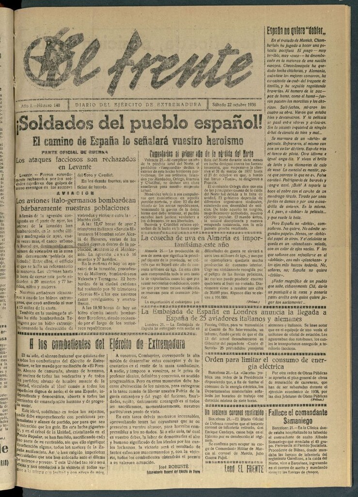 Miniatura de El Frente: diario del Ejército de Extremadura del 22 de octubre de 1938