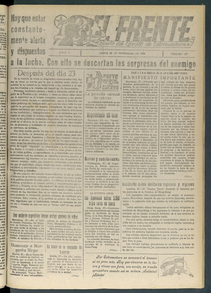 Miniatura de El Frente: diario del Ejército de Extremadura del 28 de noviembre de 1938
