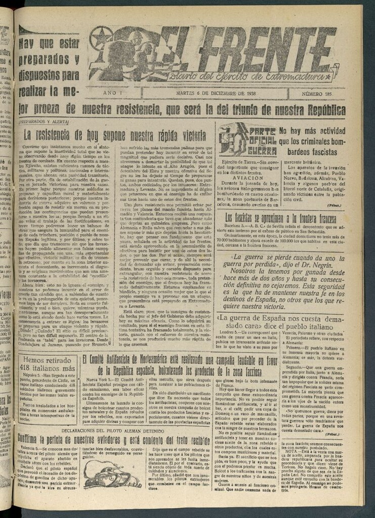 Miniatura de El Frente: diario del Ejército de Extremadura del 6 de diciembre de 1938
