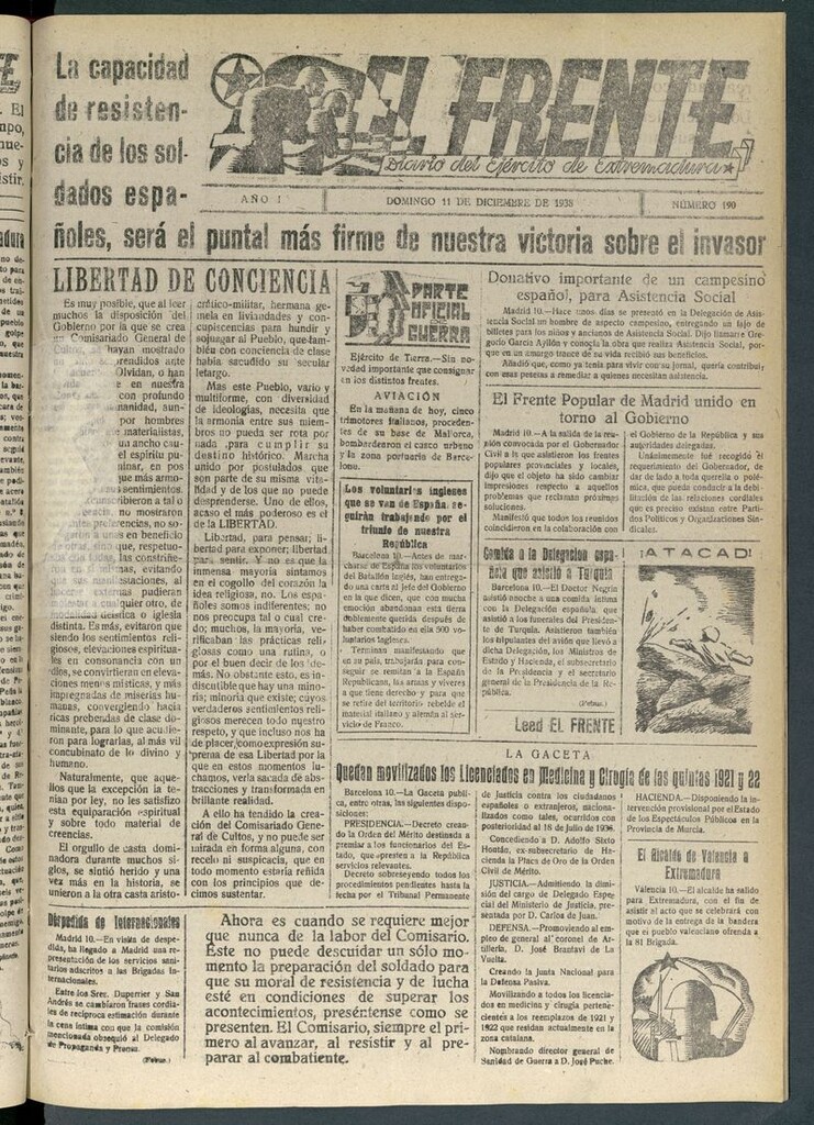 Miniatura de El Frente: diario del Ejército de Extremadura del 11 de diciembre de 1938