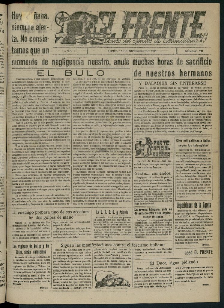 Miniatura de El Frente: diario del Ejército de Extremadura del 12 de diciembre de 1938