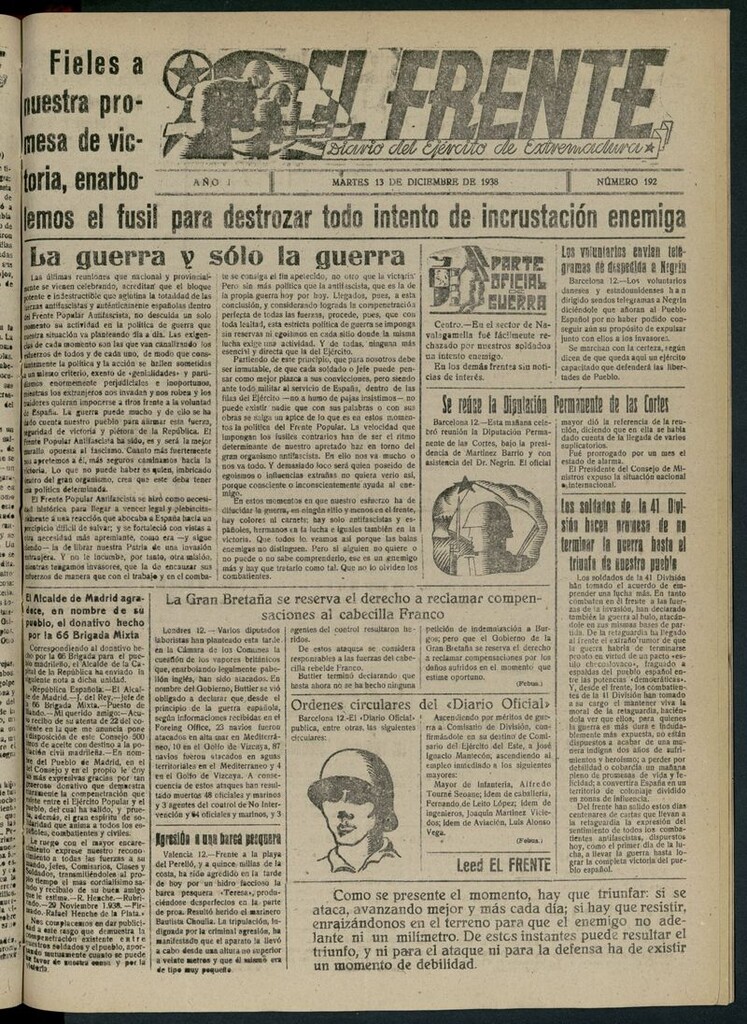Miniatura de El Frente: diario del Ejército de Extremadura del 13 de diciembre de 1938