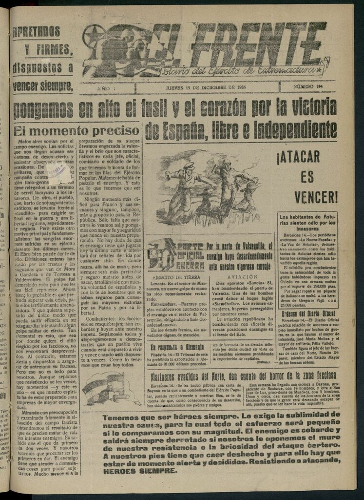 Miniatura de El Frente: diario del Ejército de Extremadura del 15 de diciembre de 1938