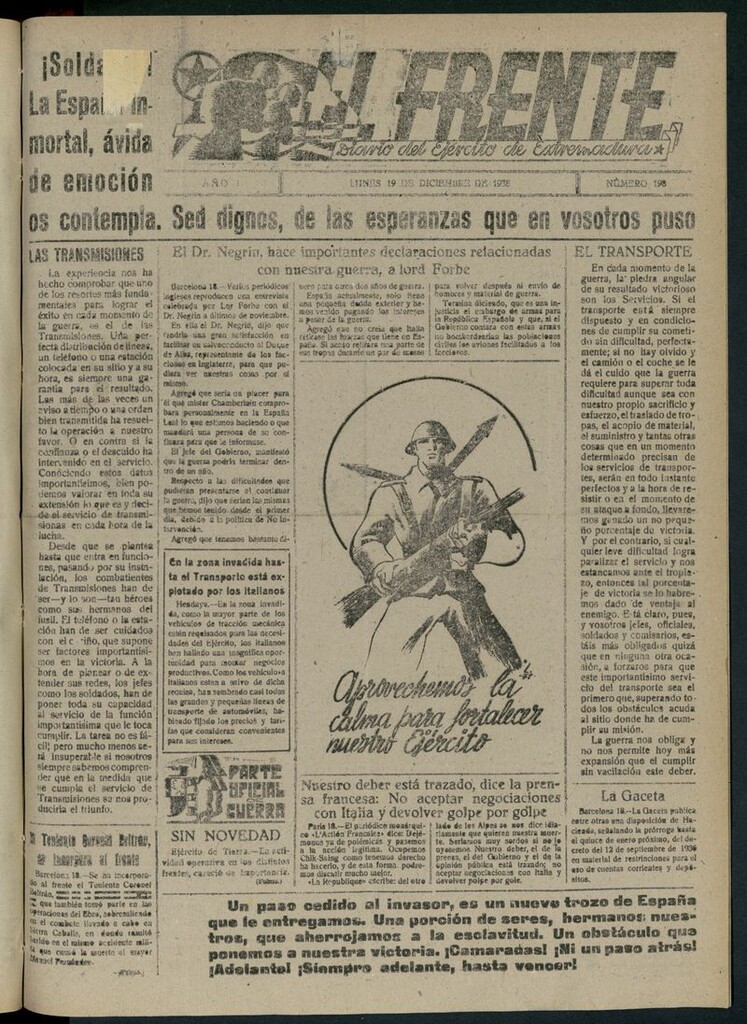 Miniatura de El Frente: diario del Ejército de Extremadura del 19 de diciembre de 1938