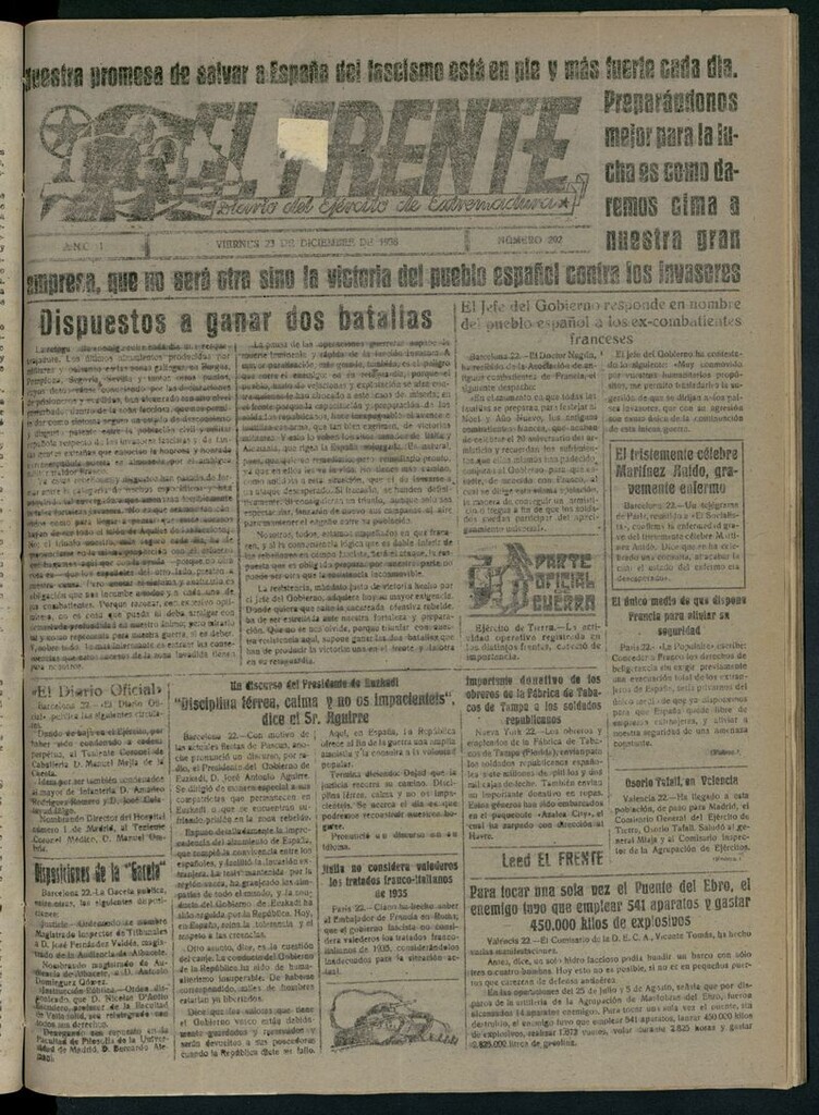 Miniatura de El Frente: diario del Ejército de Extremadura del 23 de diciembre de 1938