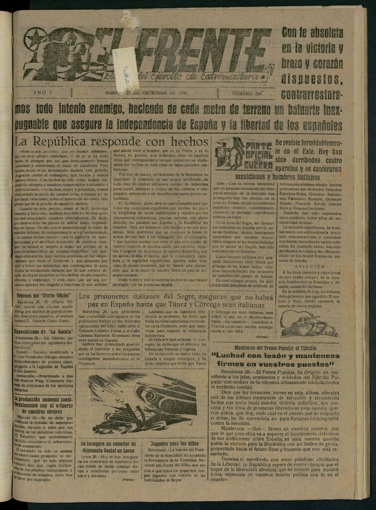 Miniatura de El Frente: diario del Ejército de Extremadura del 27 de diciembre de 1938
