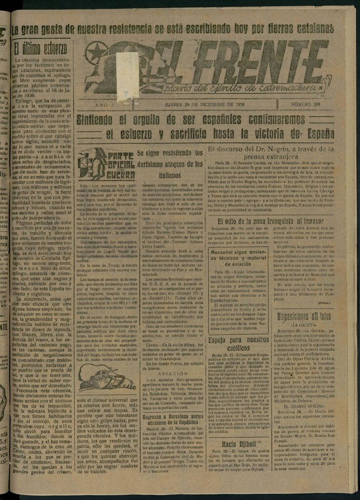 Miniatura de El Frente: diario del Ejército de Extremadura del 29 de diciembre de 1938