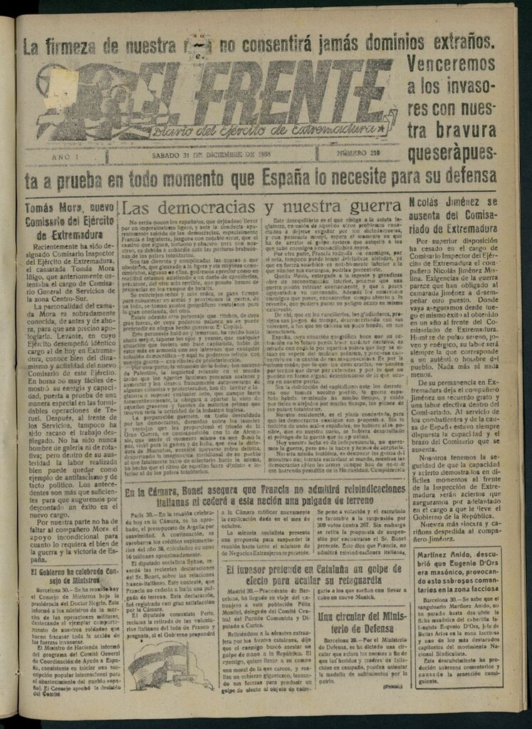 Miniatura de El Frente: diario del Ejército de Extremadura del 31 de diciembre de 1938