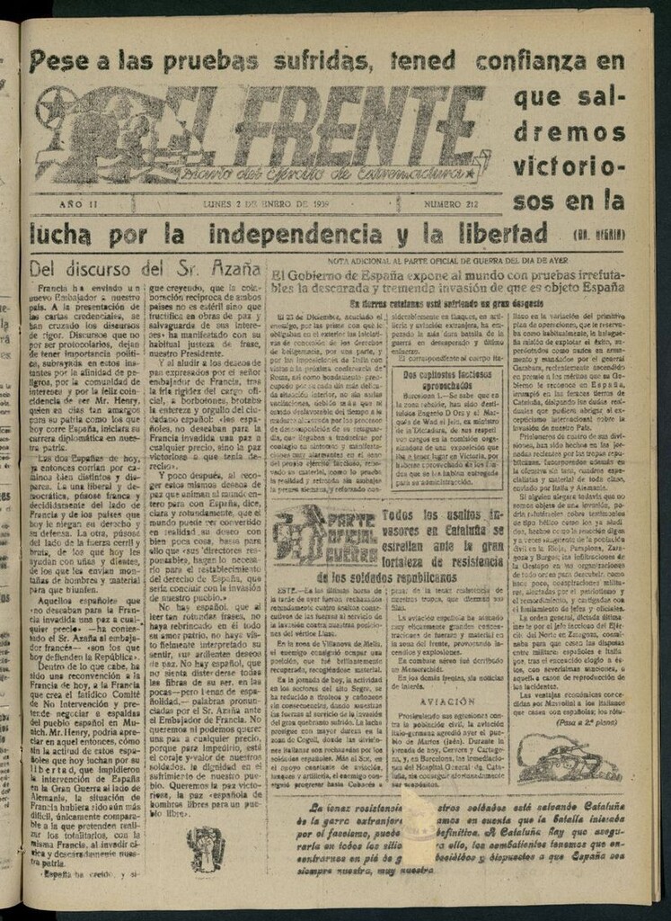 Miniatura de El Frente: diario del Ejército de Extremadura del 2 de enero de 1939