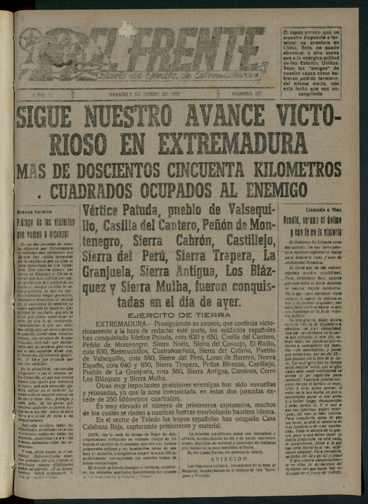 Miniatura de El Frente: diario del Ejército de Extremadura del 7 de enero de 1939