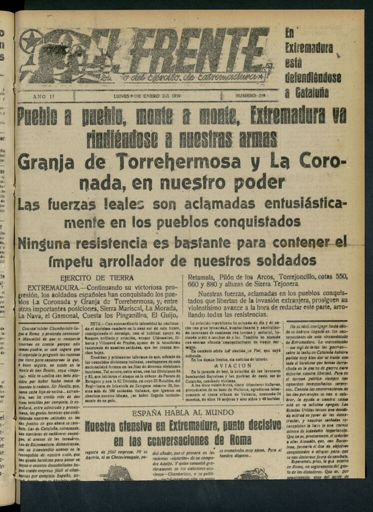 Miniatura de El Frente: diario del Ejército de Extremadura del 9 de enero de 1939