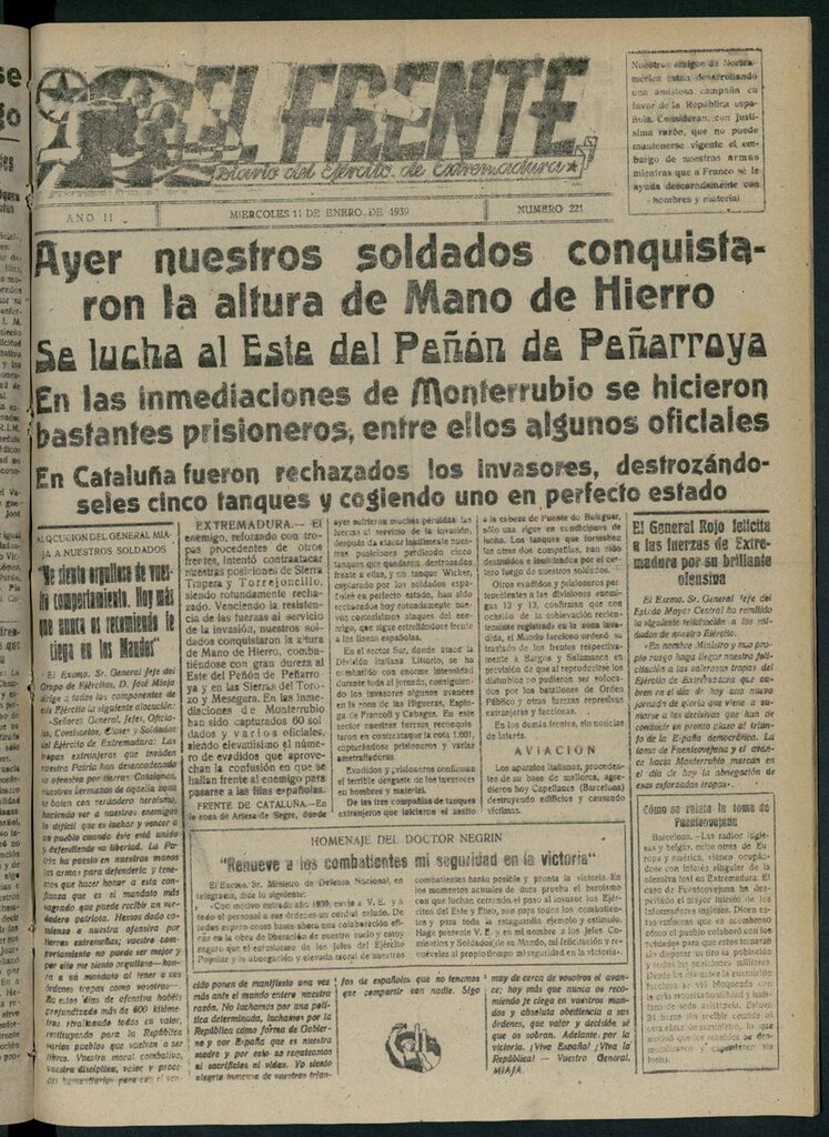 Miniatura de El Frente: diario del Ejército de Extremadura del 11 de enero de 1939