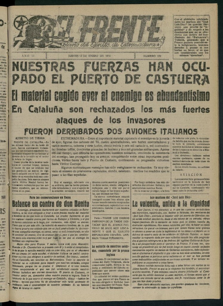 Miniatura de El Frente: diario del Ejército de Extremadura del 12 de enero de 1939