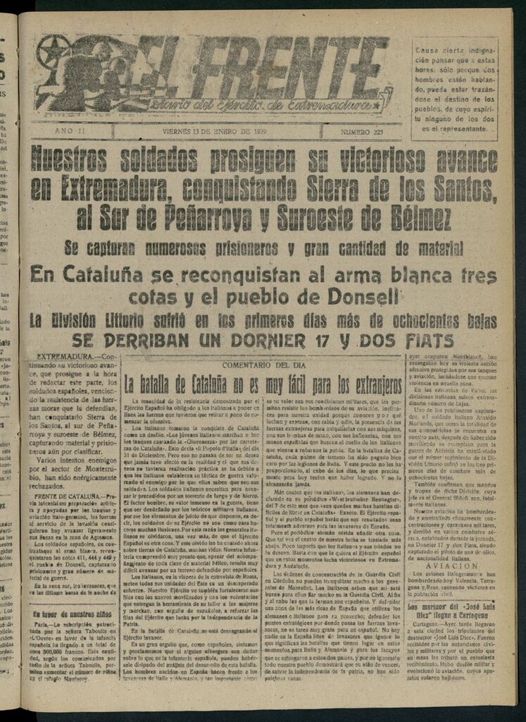 Miniatura de El Frente: diario del Ejército de Extremadura del 13 de enero de 1939