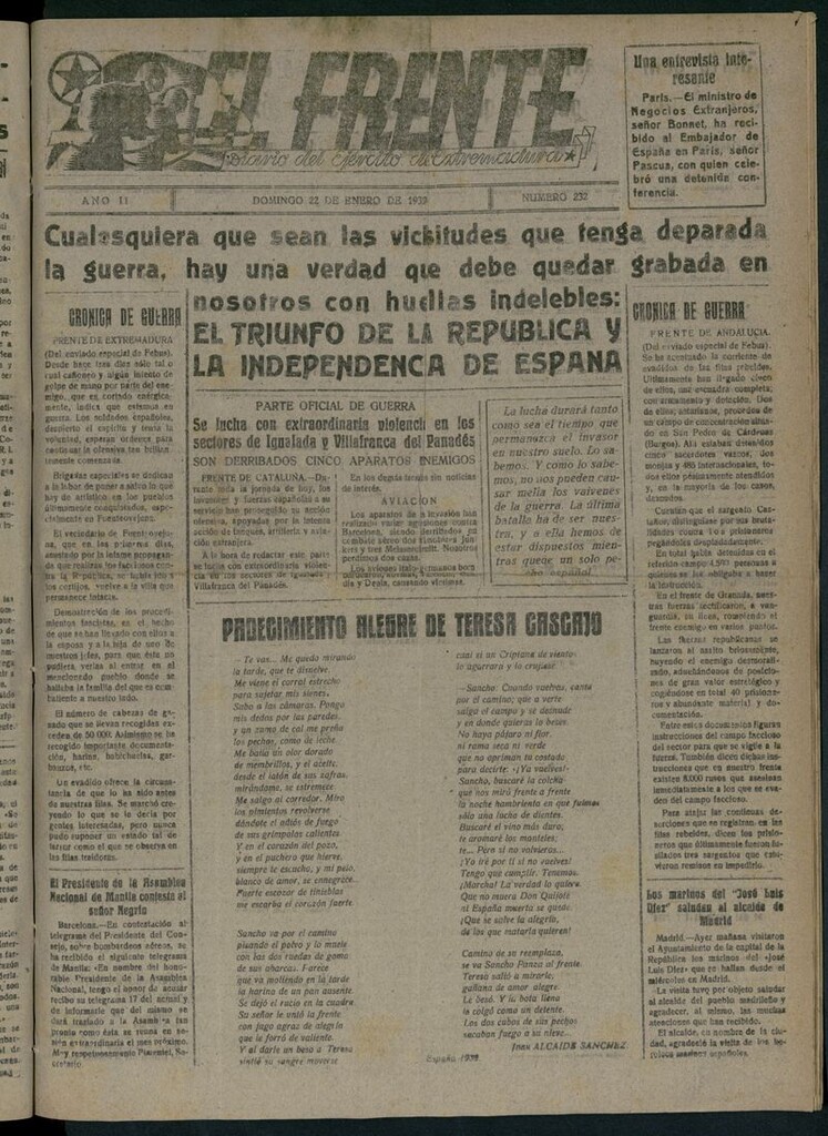 Miniatura de El Frente: diario del Ejército de Extremadura del 22 de enero de 1939