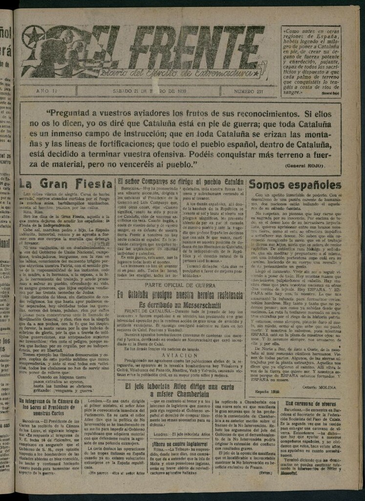 Miniatura de El Frente: diario del Ejército de Extremadura del 21 de enero de 1939