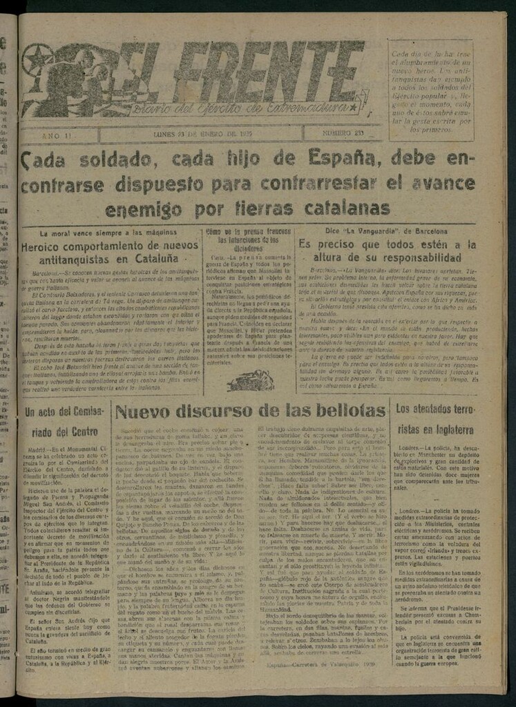 Miniatura de El Frente: diario del Ejército de Extremadura del 23 de enero de 1939