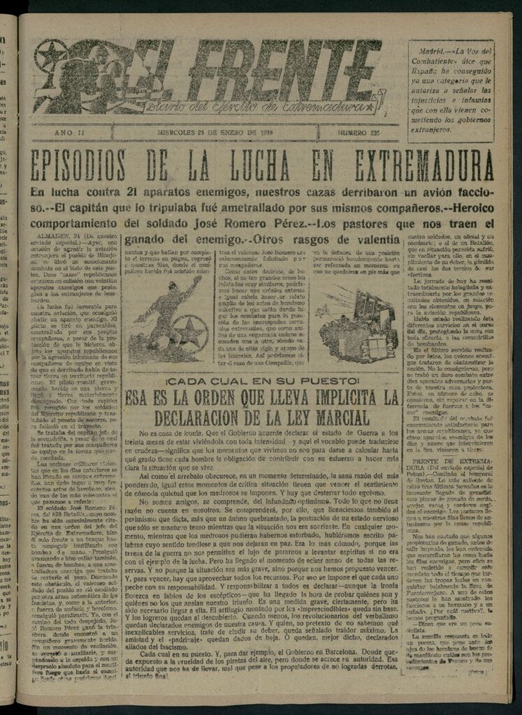 Miniatura de El Frente: diario del Ejército de Extremadura del 25 de enero de 1939