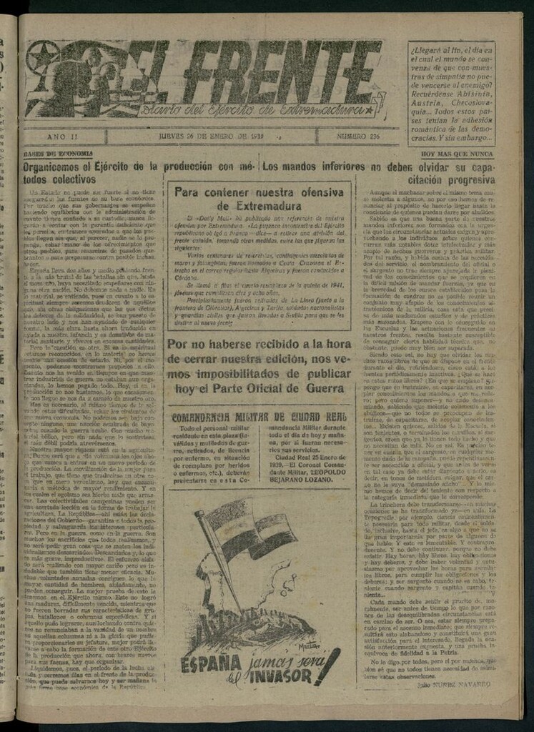 Miniatura de El Frente: diario del Ejército de Extremadura del 26 de enero de 1939