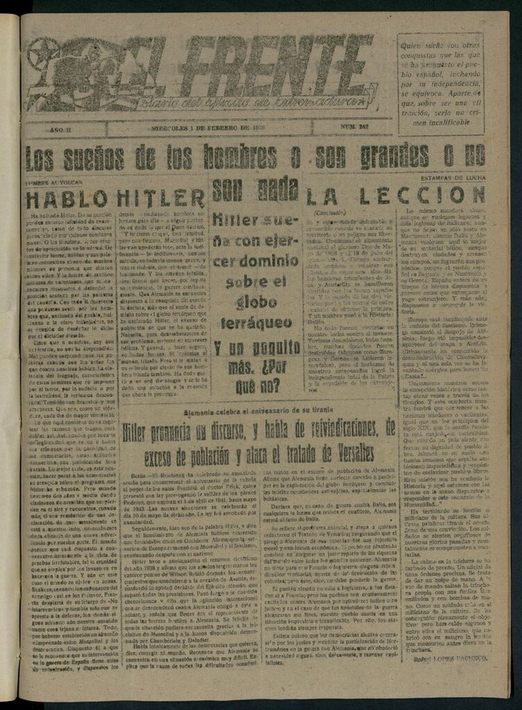 Miniatura de El Frente: diario del Ejército de Extremadura del 1 de febrero de 1939