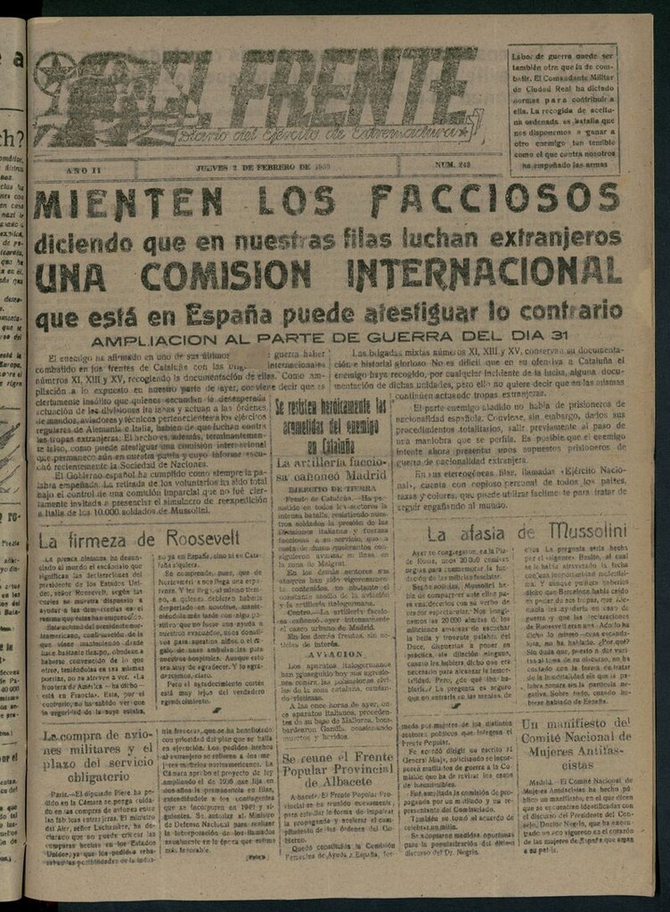 Miniatura de El Frente: diario del Ejército de Extremadura del 2 de febrero de 1939