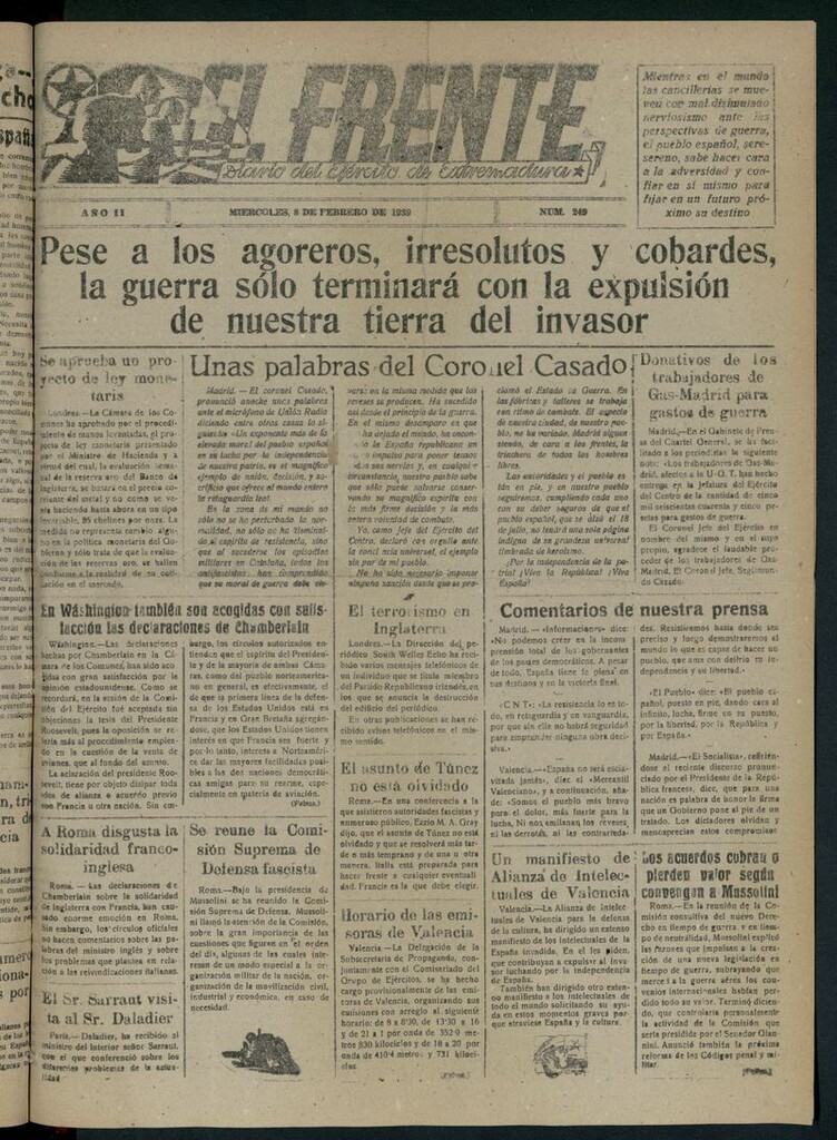 Miniatura de El Frente: diario del Ejército de Extremadura del 8 de febrero de 1939