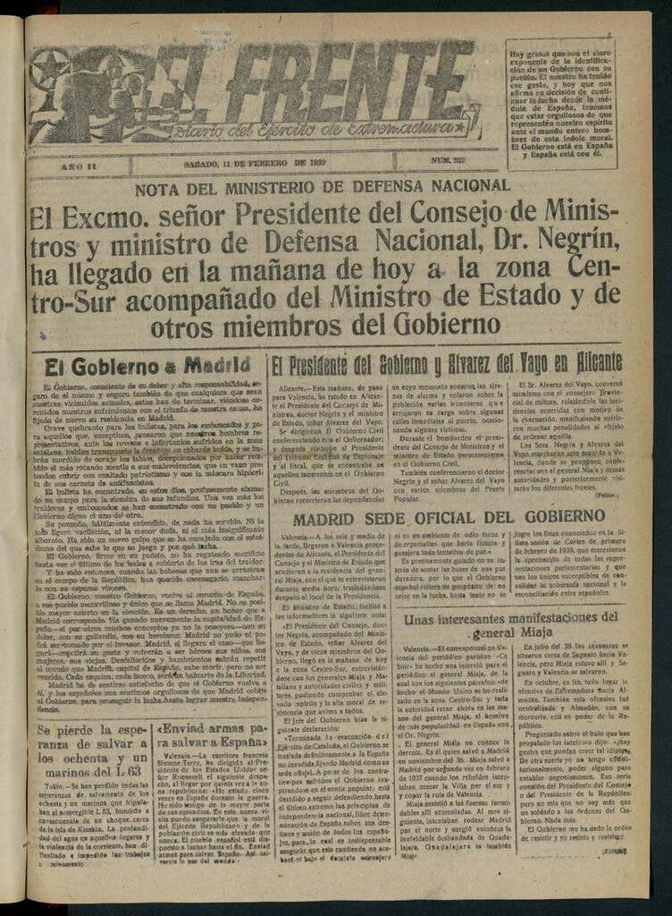 Miniatura de El Frente: diario del Ejército de Extremadura del 11 de febrero de 1939