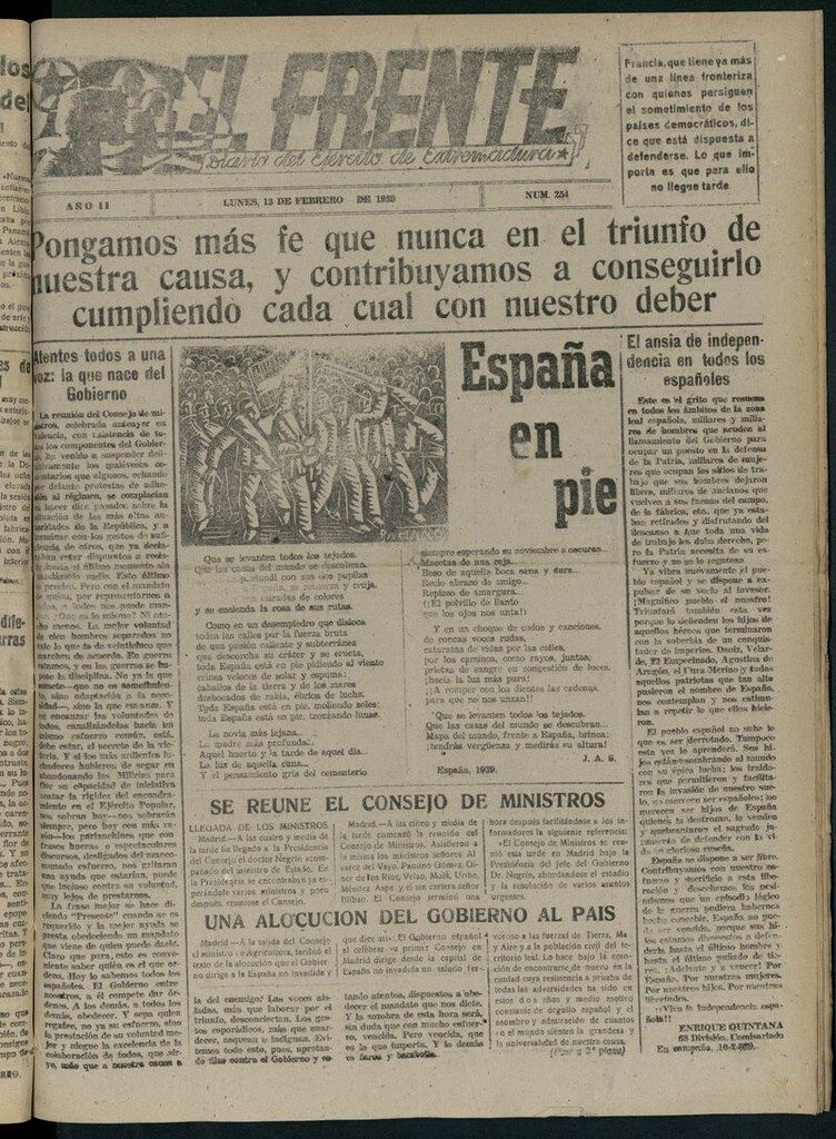 Miniatura de El Frente: diario del Ejército de Extremadura del 13 de febrero de 1939