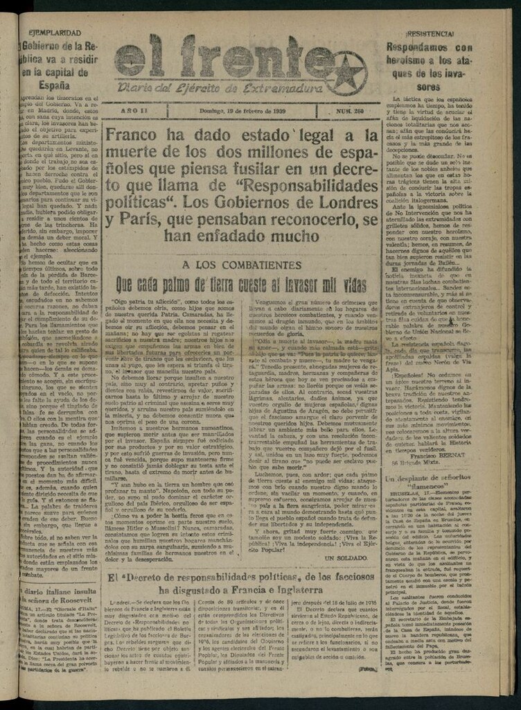 Miniatura de El Frente: diario del Ejército de Extremadura del 19 de febrero de 1939