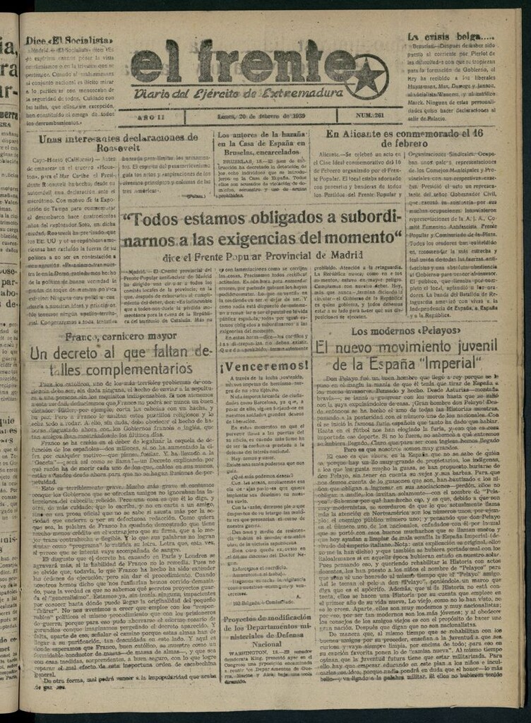 Miniatura de El Frente: diario del Ejército de Extremadura del 20 de febrero de 1939